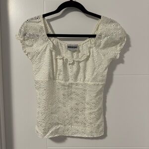 White Eyelet Embroidered Ruffled Short Sleeved Blouse - BNWOT